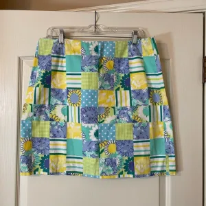 Vintage Lilly Pulitzer Blue Green Cotton Patchwork Skirt Daisy Sunflower Size 12