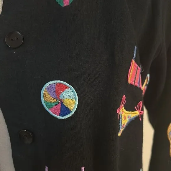 VINTAGE MICHAEL SIMONE LITE EMBROIDERED BEACH THEME CARDIGAN