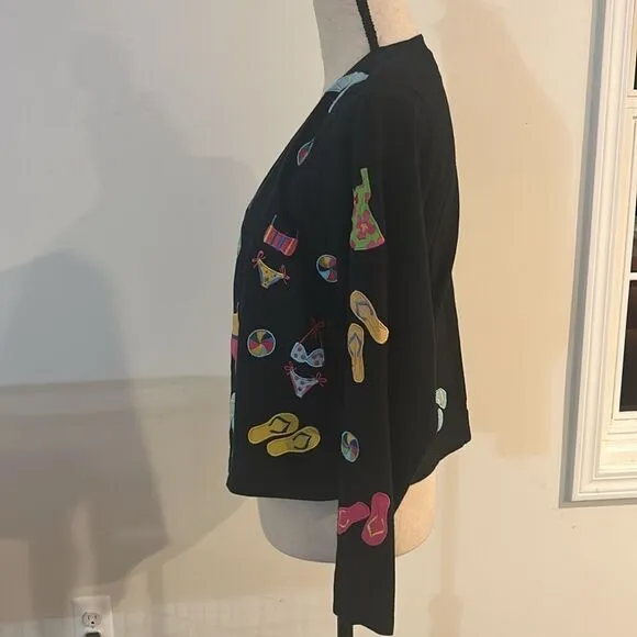 VINTAGE MICHAEL SIMONE LITE EMBROIDERED BEACH THEME CARDIGAN