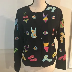 VINTAGE MICHAEL SIMONE LITE EMBROIDERED BEACH THEME CARDIGAN