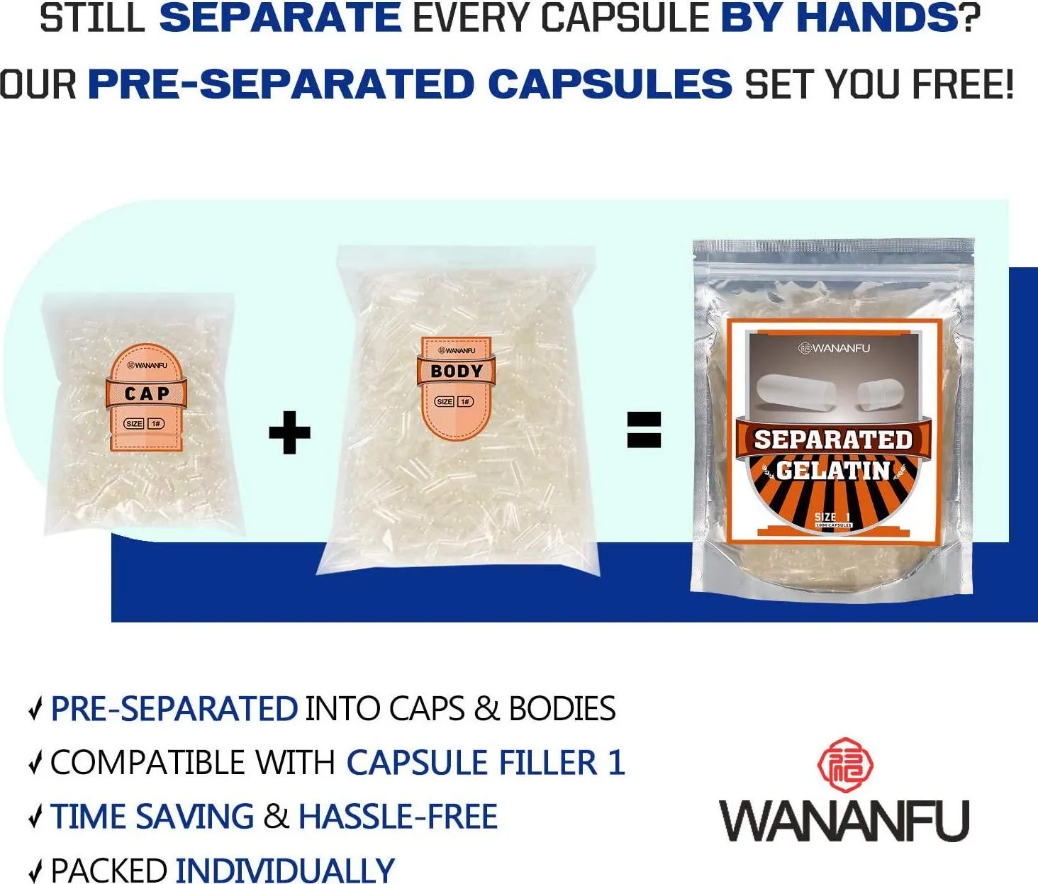Wananfu Pre-Separated Empty Capsules Size 1 Gelatin, 1000 Count in Resealable Bags, Compatible with Capsule Filling Machine Size 1