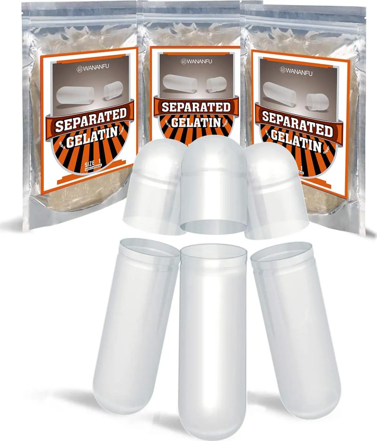 Wananfu Pre-Separated Empty Capsules Size 1 Gelatin, 1000 Count in Resealable Bags, Compatible with Capsule Filling Machine Size 1