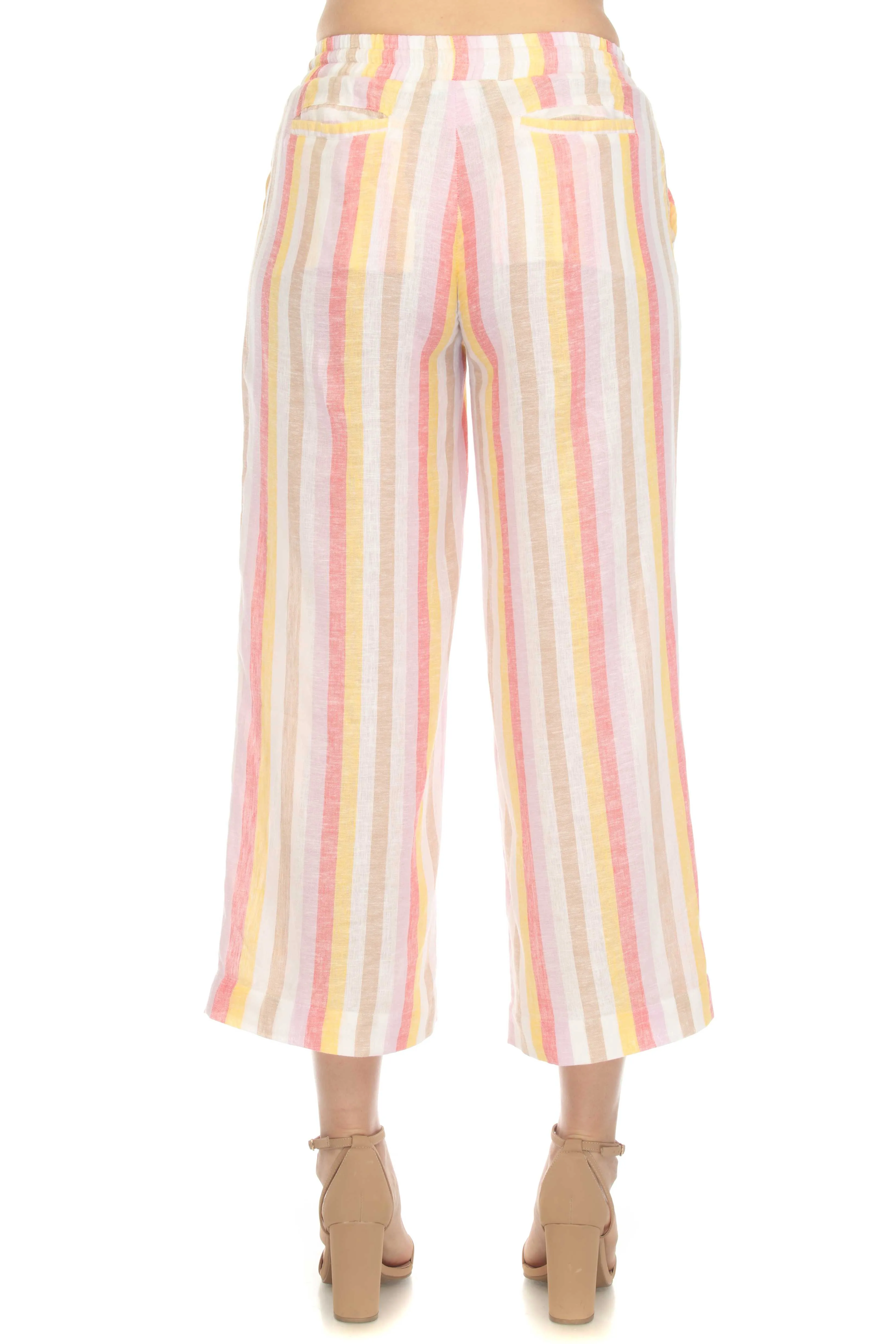 Women's Casual Beach Resort Wear Capri Pants Pinstripe Print with Drawstring Waist Linen Blend