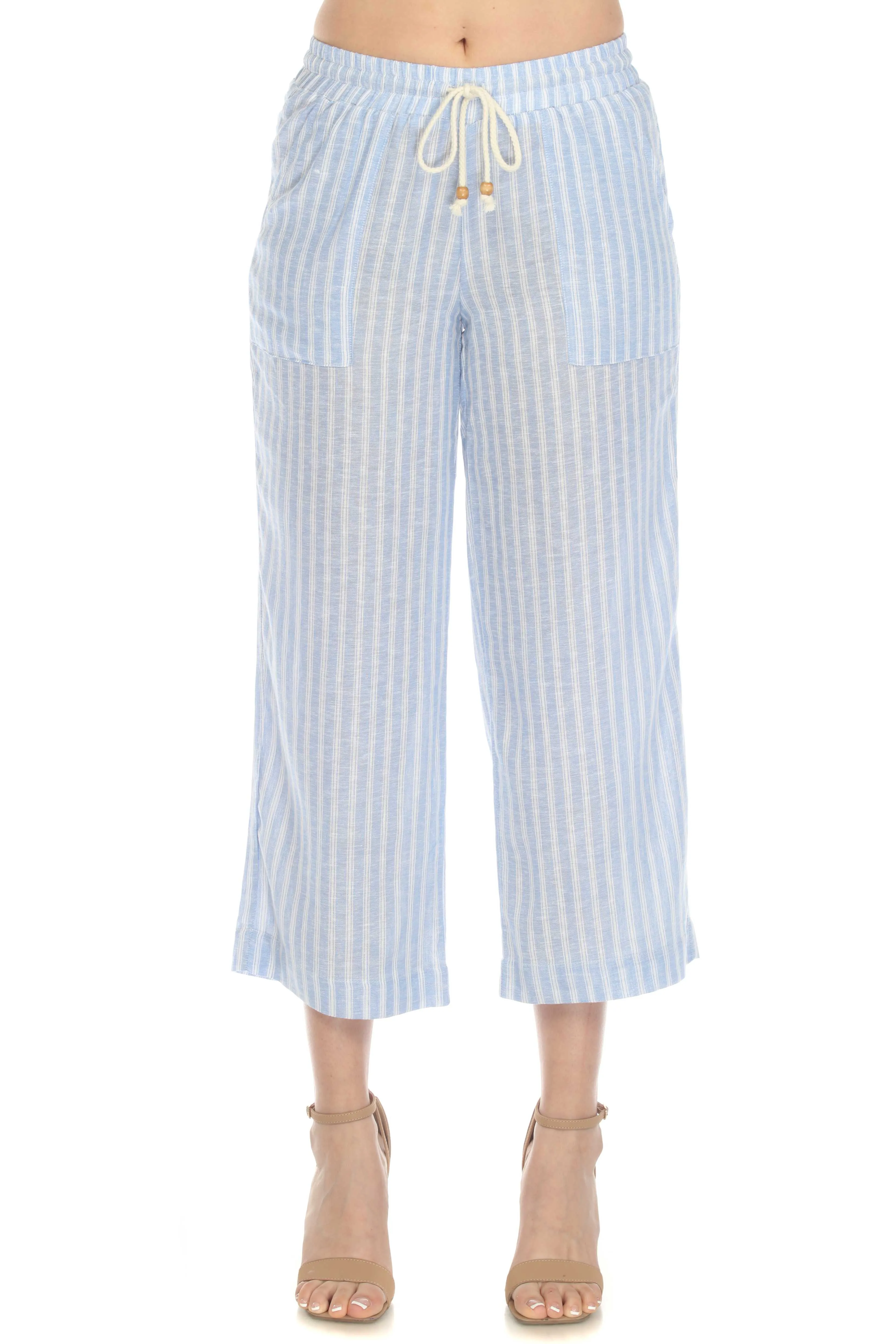 Women's Casual Beach Resort Wear Capri Pants Pinstripe Print with Drawstring Waist Linen Blend