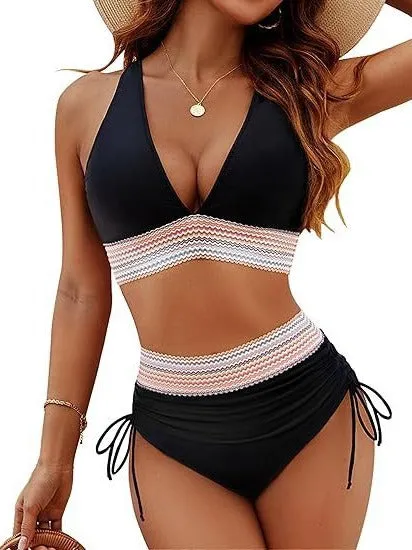 Women's High Waist Bikini Set Colorblocking Tummy Tuck Swimsuit Drawstring Two Piece Swimwear