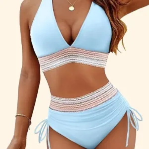 Women's High Waist Bikini Set Colorblocking Tummy Tuck Swimsuit Drawstring Two Piece Swimwear