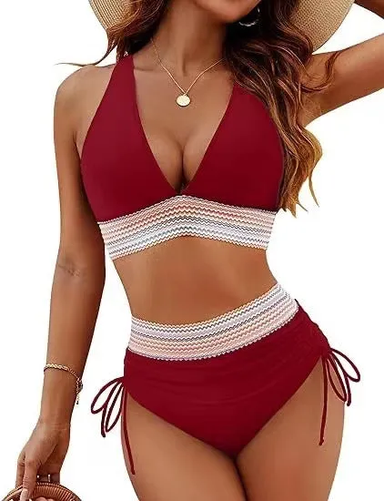 Women's High Waist Bikini Set Colorblocking Tummy Tuck Swimsuit Drawstring Two Piece Swimwear