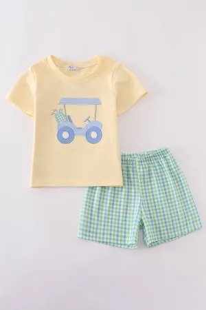 Yellow golf cart applique gingham shorts set