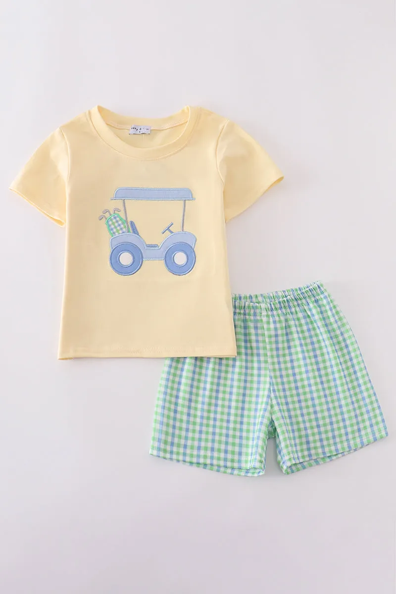 Yellow golf cart applique gingham shorts set