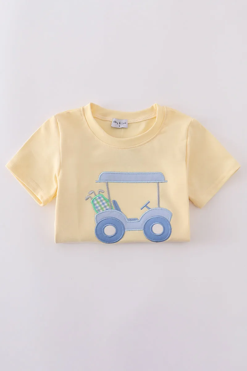 Yellow golf cart applique gingham shorts set